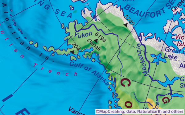 Landscape map, scale 1:75,000,000, Alaska, United States, contrast manner